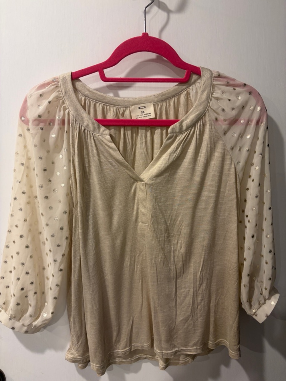 Pins and Needles Light Cream Blouse with Sheer Polka-Dot Sleeves in gold  XS